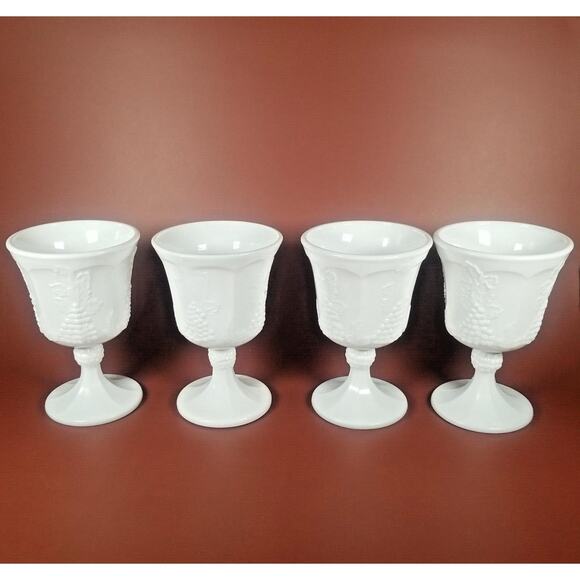 Vintage Colony Harvest Grape White Milk Glass Pedestal Goblets Wine Lot of 4 - Picture 5 of 8